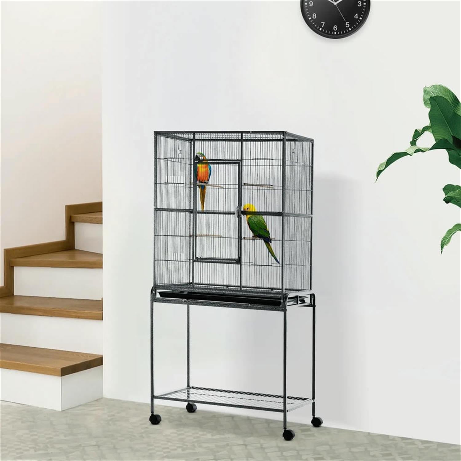 resenkos 64" Height Heavy Duty Travel Bird Cage Carrier with Rolling Stand, Wood Perch & Food Container for Parrots Conures Lovebird Cockatiel Parakeets, Black