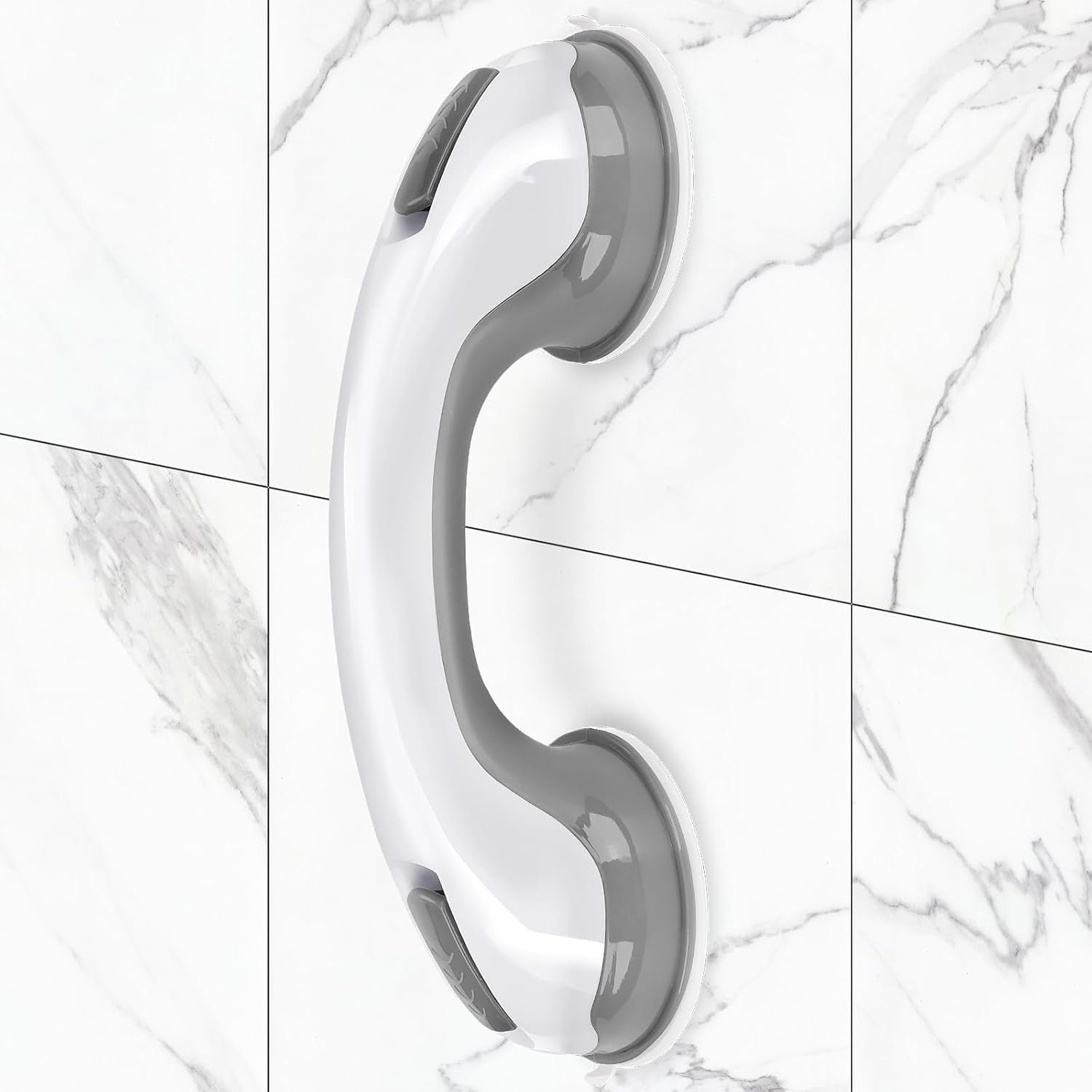 Kismyla 1 Pack Shower Handles for Elderly, Grab Bars for Bathroom, 12" Suction Bath Tub Hand Rail, Anti-Slip Safety Bar with Shower Pouf and Hook，Gray