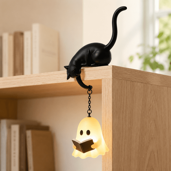 Hanging Reading Ghost LED Night Light, Ghost Shelf Decor, Figurine Lamp with Warm Soft Light, Ambient Lighting for Bedroom, Bookshelf & Halloween Home Decoration