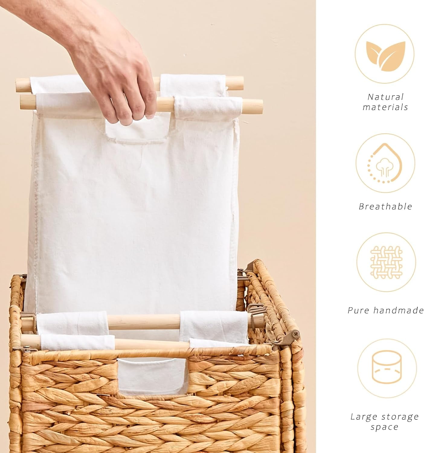 Casa Pura Furniture Handwoven Large Laundry Hamper with Lid, 2 Removable Liner Bags, Heightened Feet, Natural Hyacinth Wicker Clothes Storage Basket for Towels & Clothing