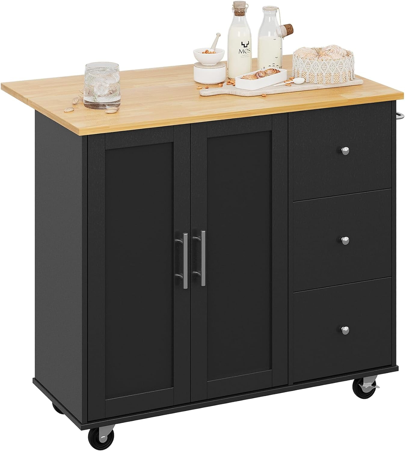 Sobaniilo Rolling Kitchen Island Cart with Folding Drop Leaf Breakfast Bar, Portable Trolley Island with Large Storage Cabinet, Shelf and Drawer, Black