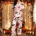 thumbnail image 2 of CONZONE Halloween Pajamas for Women Set Short Sleeve Button Down Graphic Tops Pants Pjs 2 Piece Spooky Season Sleepwear, 2 of 5