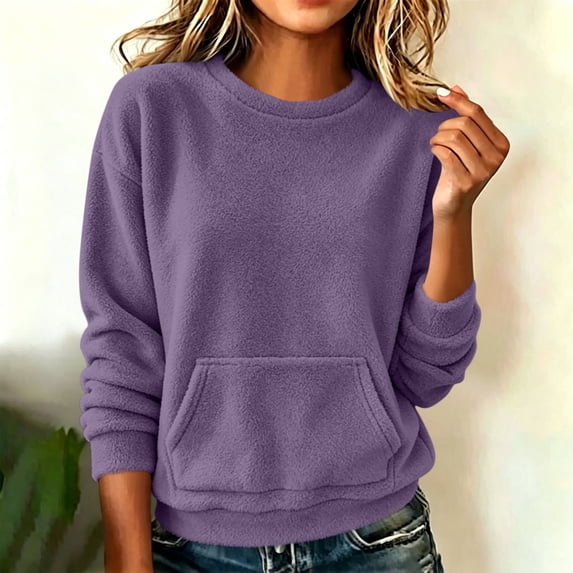 Enjoytime Crew Neck Sweatshirts Women Long Sleeve Solid Pullover Tops Fall Winter Fleece Fashion Comfy Casual Sweatshirt