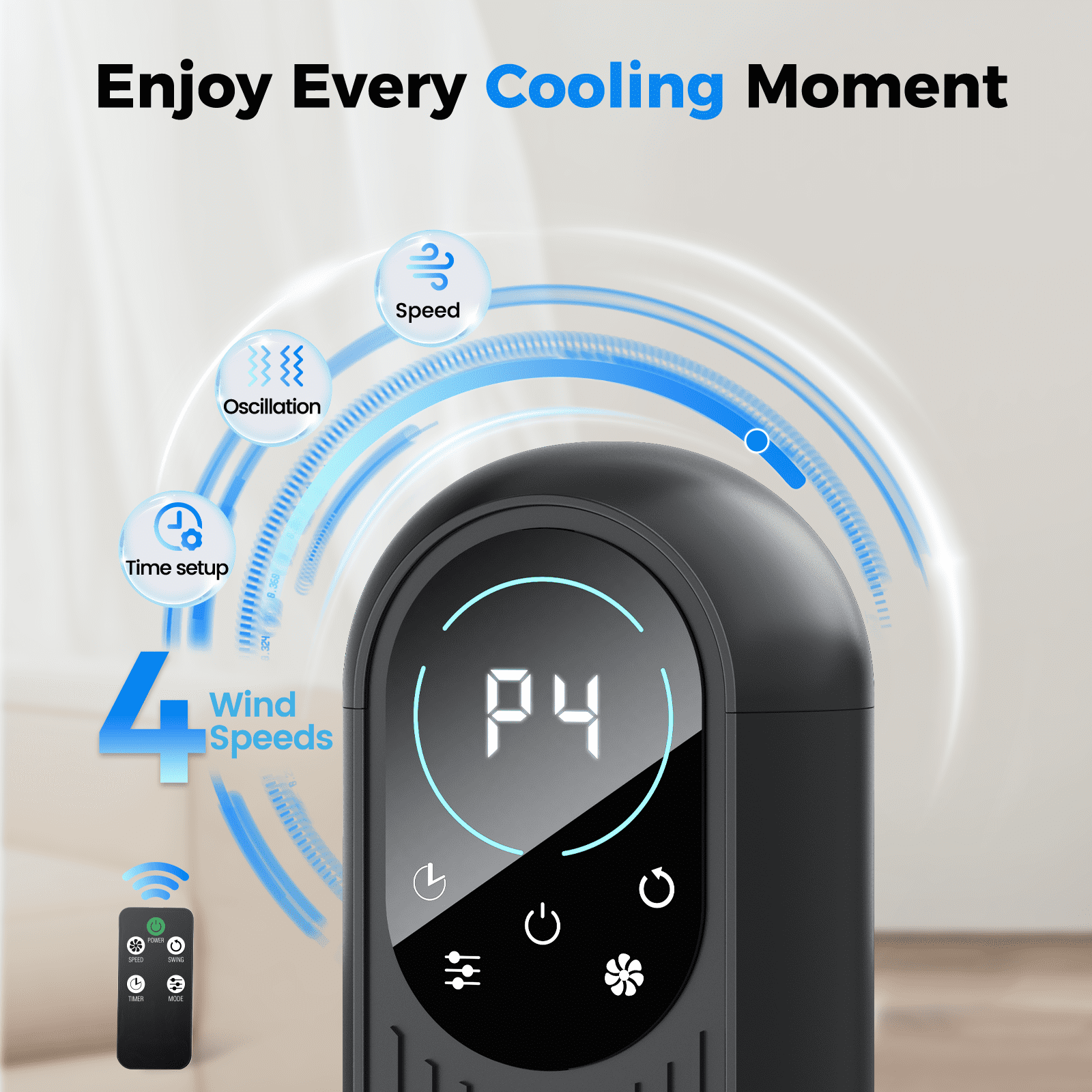 Tower Fan with Remote, 31" Bladeless Floor Fans for Home, 4 Modes & 4 Speeds, 12H Timer, LED Display, 80° Oscillating Wide Cooling for Bedroom, Office