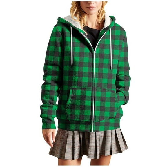 Women's Fleeze Lined Color Block Checkered Jacket Winter Full Zip Up Hooded Plaid Warm Shacket Coat with Pockets