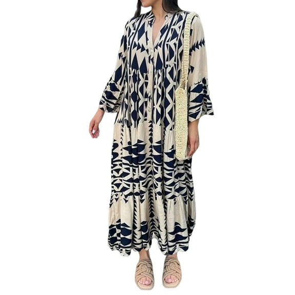 Fall Spring Women Dress Stand Collar Color Matching Printed Bohemian Single-breasted Pleated Patchwork A-line Loose Maxi Dress