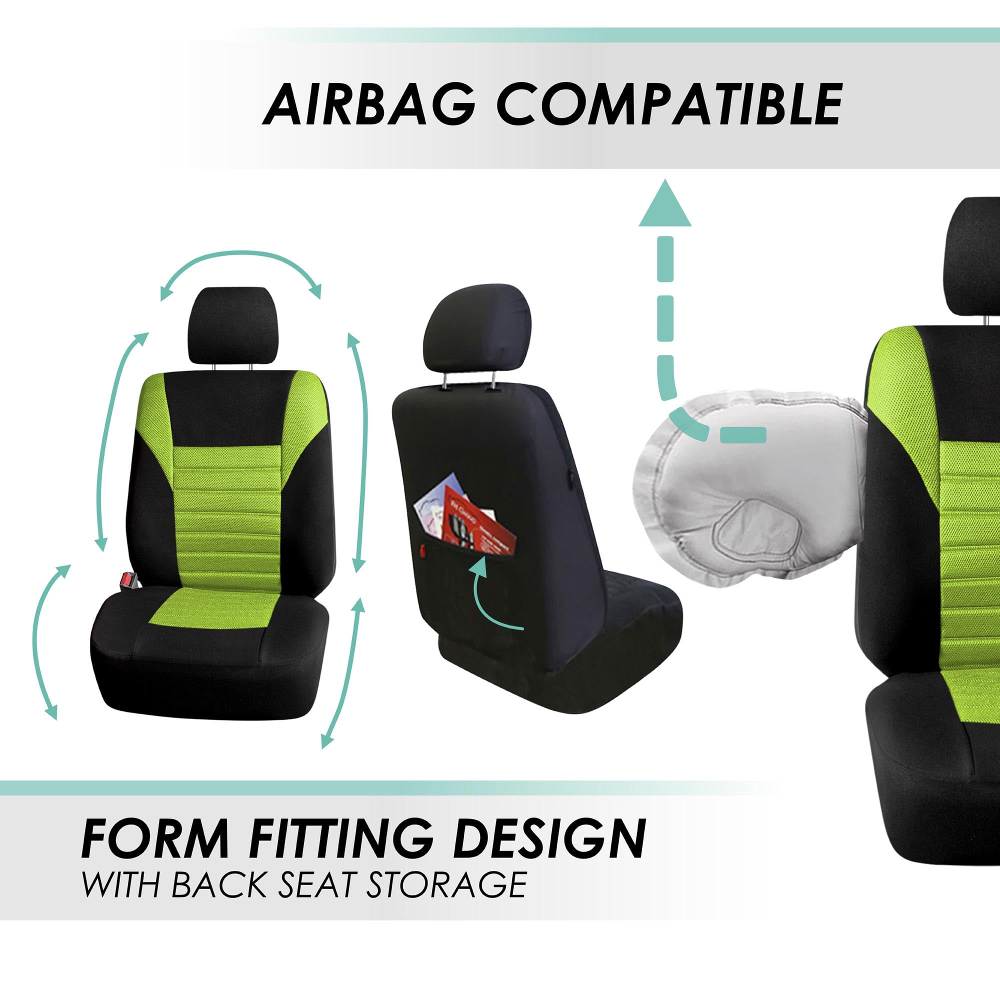 FH Group Car Seat Covers Premium 3D Air Mesh w/ Removable Headrest, Universal Fit Airbag Compatible for SUV, Sedan, Van Green - Front Set