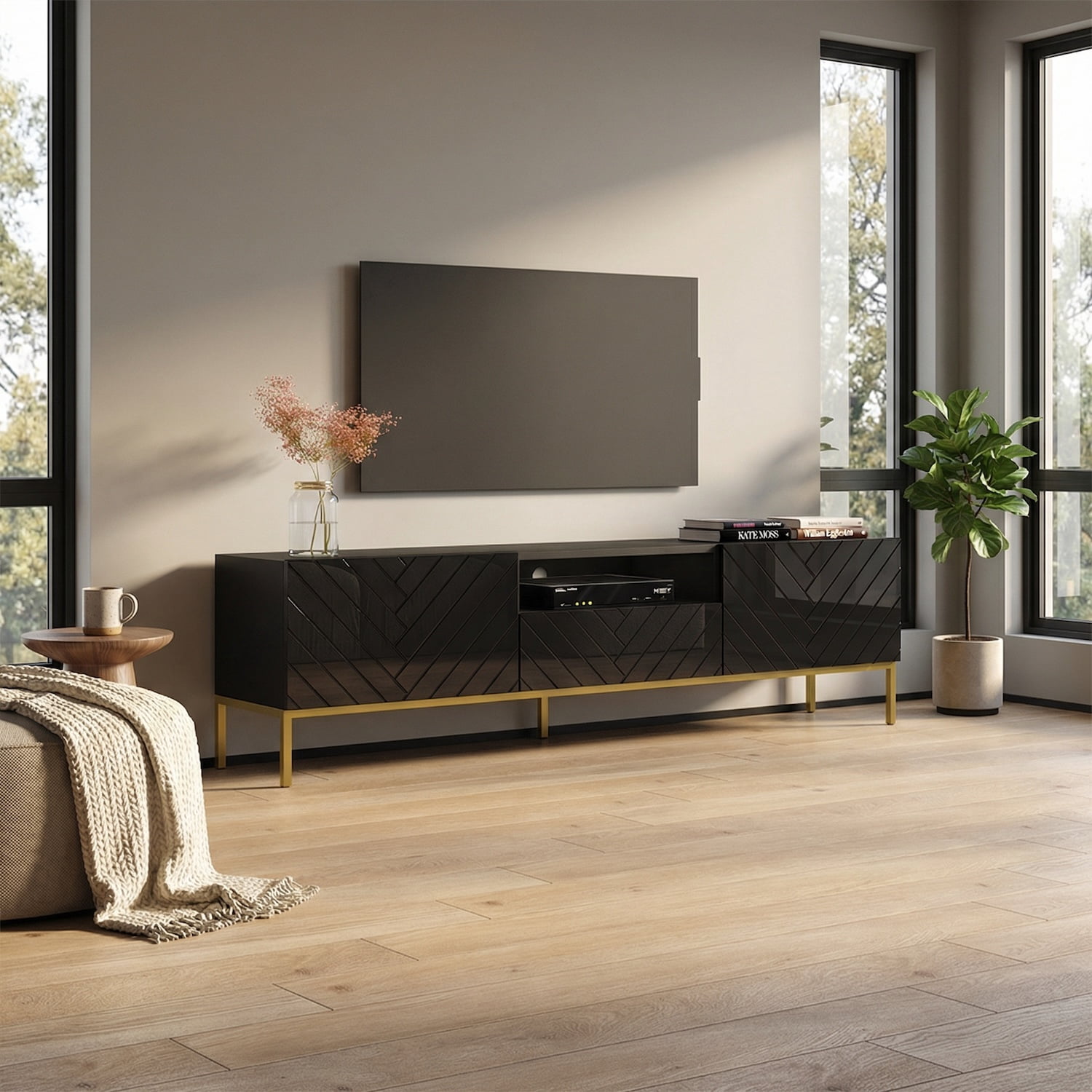 Gala 01 TV Stand for TVs up to 85", Mid-Century Modern High Gloss 75" Entertainment Center, TV Media Console with Storage Cabinets