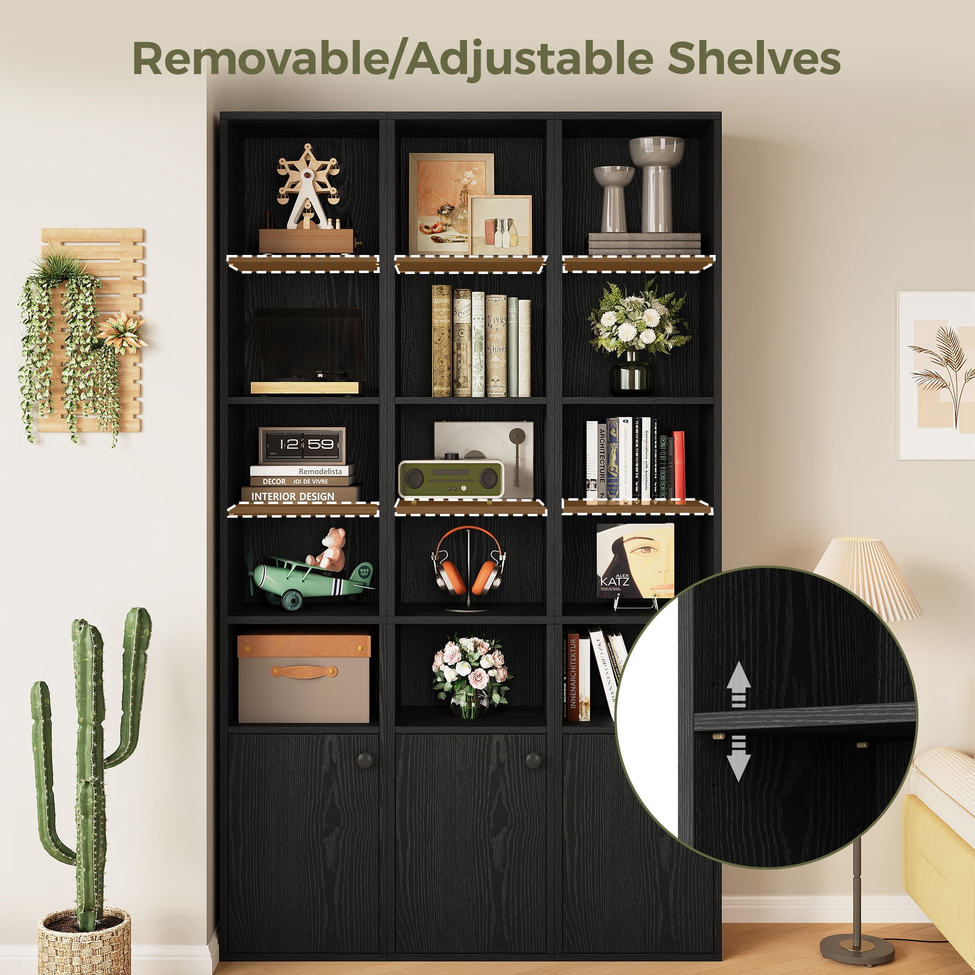 IRONCK 71" Tall Narrow Bookcase with Adjustable Shelves, 5 Tier Cube Bookshelf with 1 Door Storage Cabinet, Black