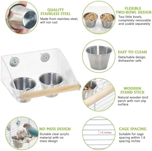 Bird Feeder for Cage with Double Stainless Steel Food & Water Bowls Anti-Slip Wood Perch Stand with No Mess Acrylic Seed Catcher for Parrot, Budgie, Parakeet, Lovebird, Canary, Finch,Conure