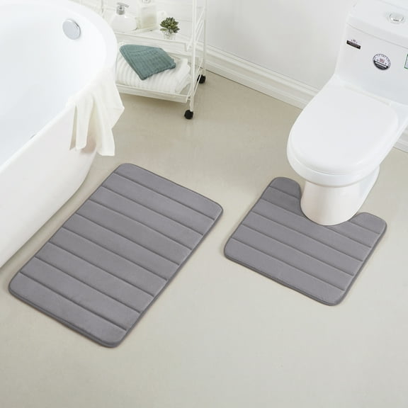 2 Piece Striped Design Solid Memory Foam Bathroom Rug Set Non-Slip