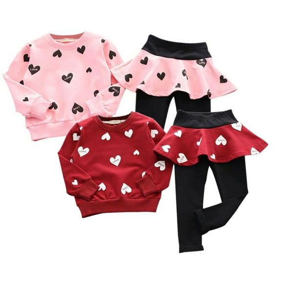 Gyratedream Spring Kids Baby Girls Heart print Sweatshirt Tops Ruffles Skirt pants Leggings Set