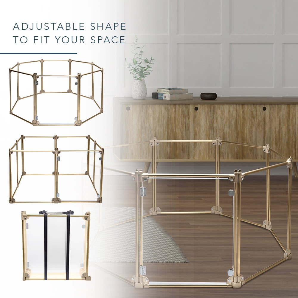 Front Row Foldable Dog Playpen Pen, Durable Indoor Outdoor Portable Crate Kennel Safe Accessories for Puppy, Cat, Bunny, Pet for Play Exercise Rest with Clear Transparent Panels and Gold Rods