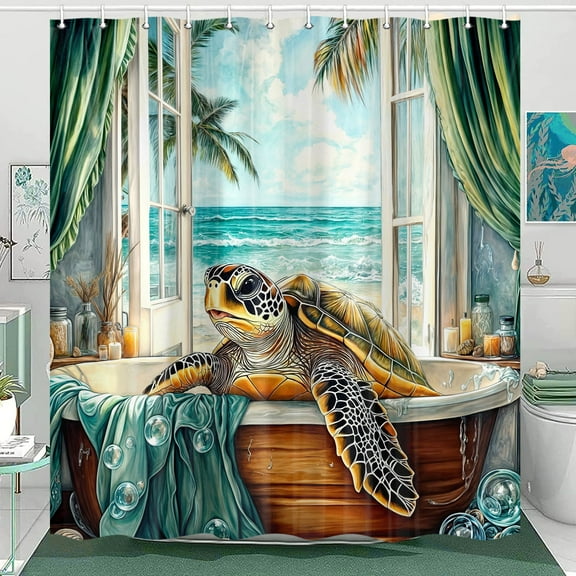Sea Turtle Shower Curtain, Summer Teal Blue Ocean Beach Tropical Decorative Bathroom Curtain, Cute Sea Turtle in Bathtub Nautical Farmhouse Fabric Bath Curtain Decor Accessories with Hooks, 69X70IN
