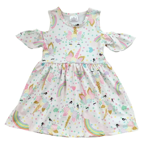 Little Girls Unicorn Rainbow Cold Shoulder Birthday Party Flower Girl Dress White 3T S (P201405P)