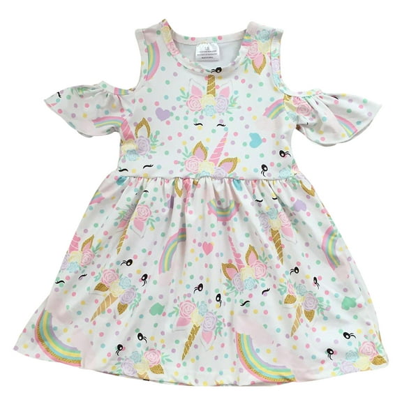 Toddler Girls Unicorn Rainbow Cold Shoulder Birthday Party Flower Girl Dress White 2T XS (P201405P)