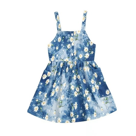 

Baby Girl Summer Cute A-Line Dress Infant Kid Kawaii Tie-Dye Daisy Print Sleeveless Princess Party Dress And Pockets