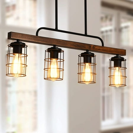 

JSTCL Kitchen Island Lighting Farmhouse Dining Room Light Fixtures Rustic Linear Pendant Lighting for Kitchen Island Dining Living Room Black Metal & Wood