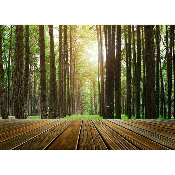 Empty Wooden Flooring On Green Forest Photography Backdrops Props Morning Sunshine Nature Landscape Summer Background ZL-04