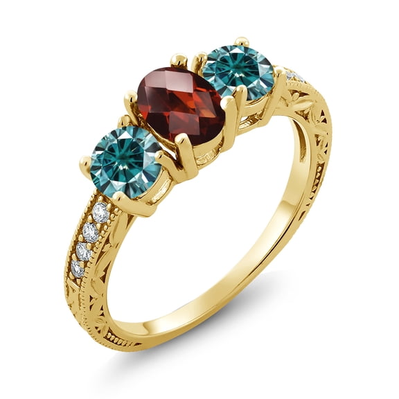 Gem Stone King 18K Yellow Gold Plated Silver Ring Checkerboard Garnet Blue Moissanite (2.12 Cttw) (Size 6)