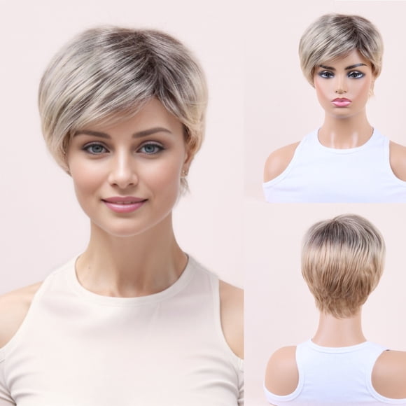 Peluca Corta y Lisa para Mujeres de Mediana Edad y Ancianas para Dar Forma Al Rostro, Degradado, Alta Temperatura, Seda Elástica, Red Rosa
