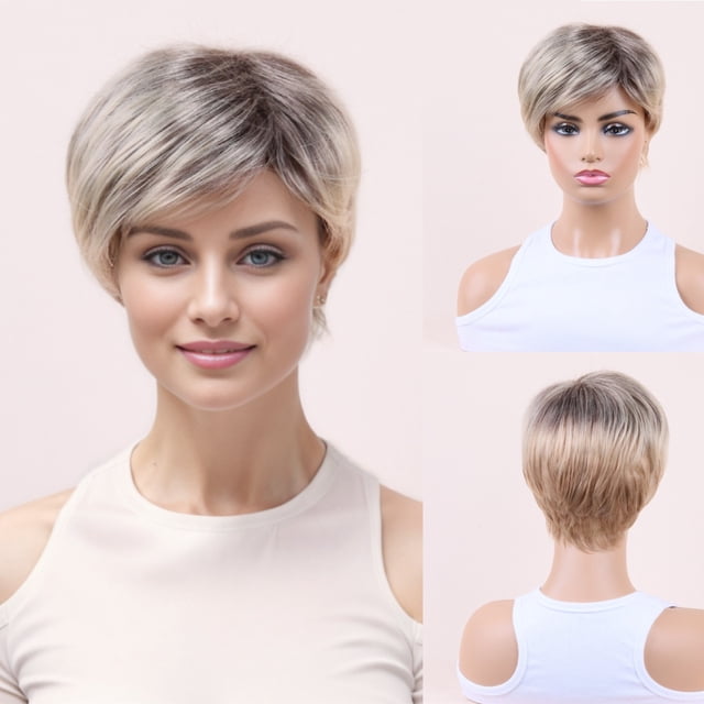 Peluca Corta y Lisa para Mujeres de Mediana Edad y Ancianas para Dar Forma Al Rostro, Degradado, Alta Temperatura, Seda Elástica, Red Rosa