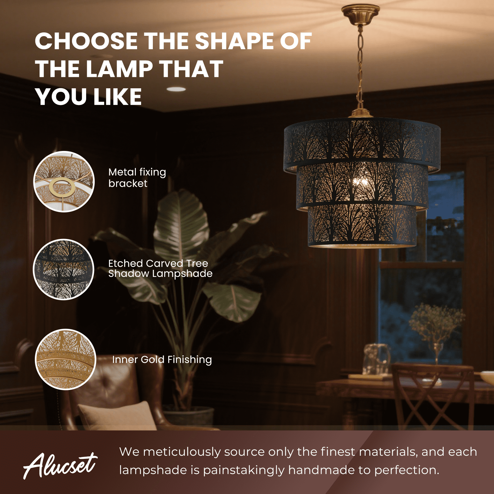 AEELLEEA Large Metal Lamp Shades for Floor Lamps Pendant Lighting Chandelier Replacement, 3-Tier Drum Metal Lampshade with Forest Design 13'' x 10'' High, UNO Fitter