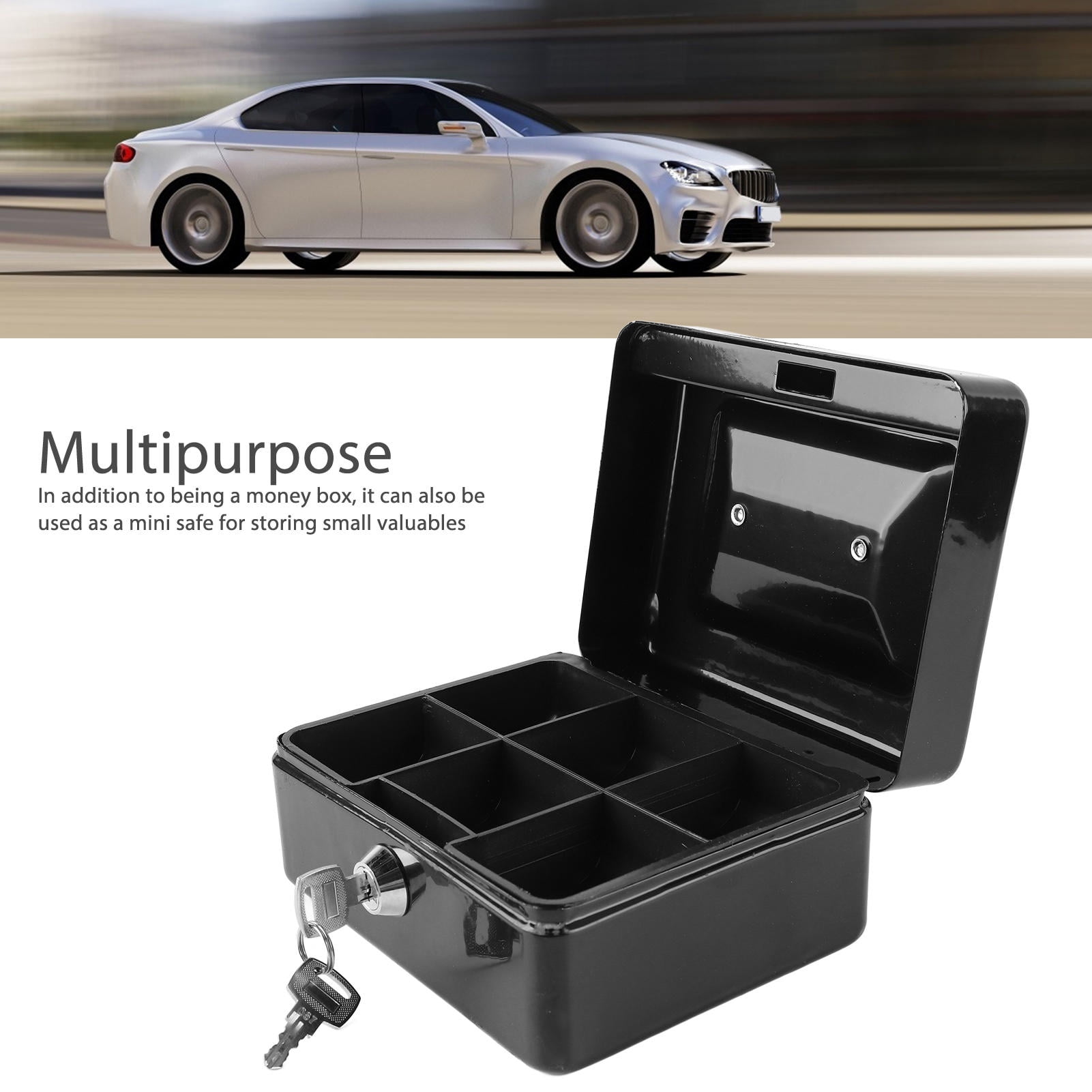 LAZIOEGR Metal Cash Box with Lock Safety Portable Small Metal Storage Box with 2 Keys for Money Document Home Car, Heavy Duty Security, 5.91 inches / 15 cm