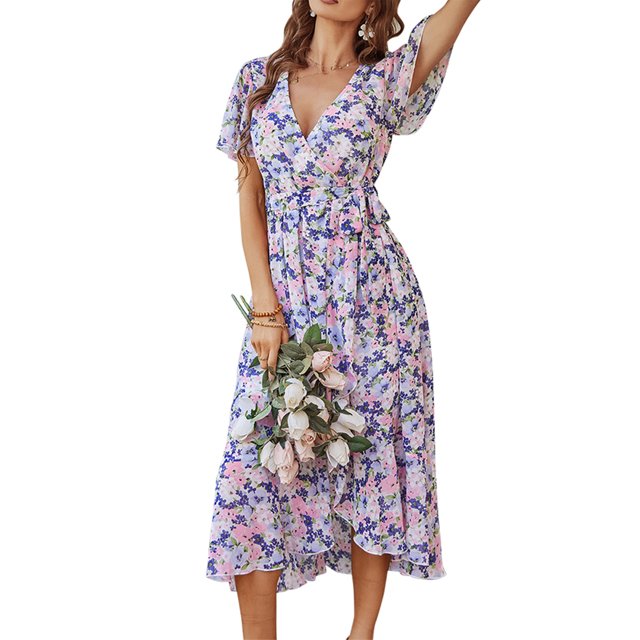 VISgogo Vestido sin mangas para mujer con cinturón ajustable, estampado floral, decoración de volantes, ropa de verano dividida VISgogo moda