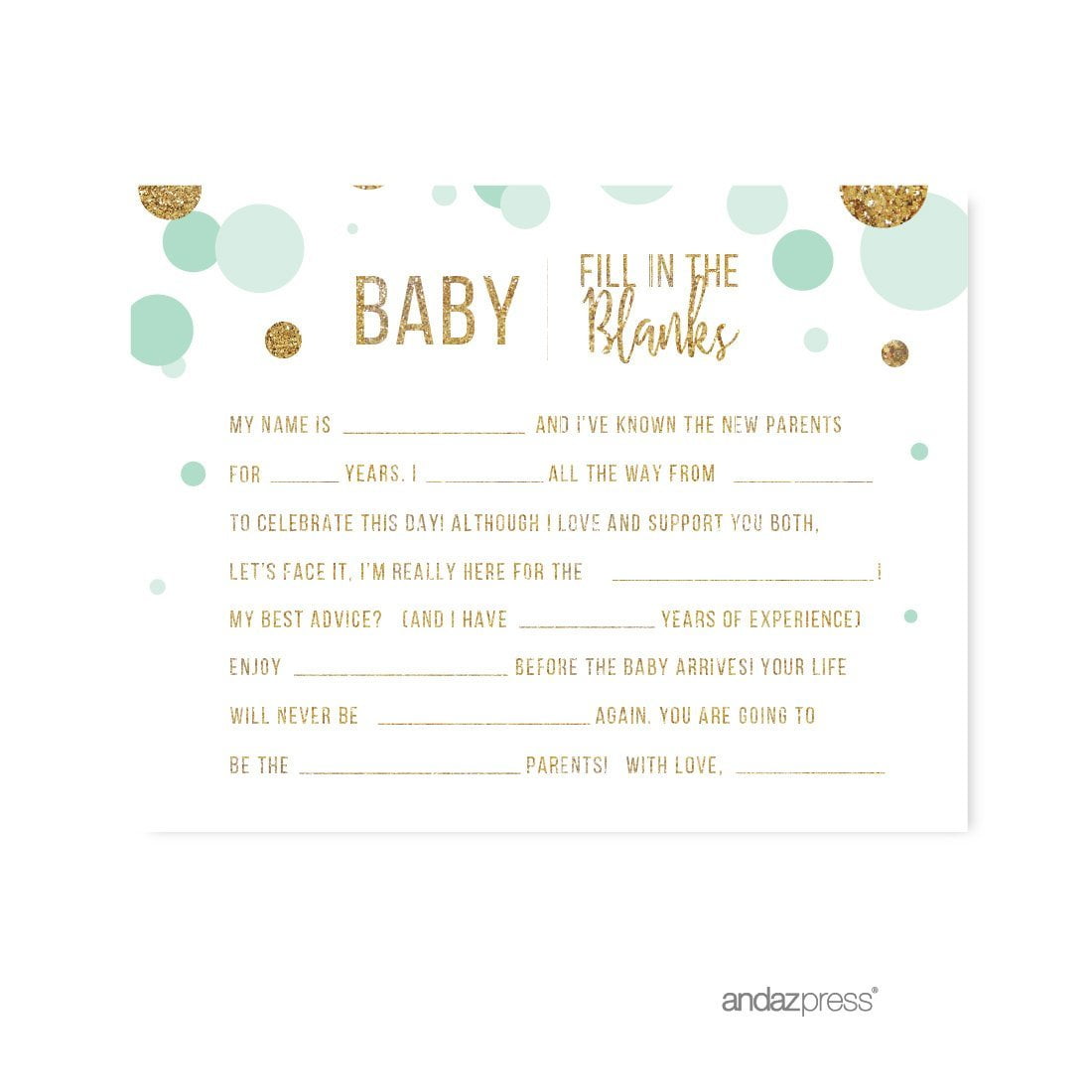Baby Fill in the Blanks  Mint Green Gold Glitter Baby Shower Games, 20-Pack