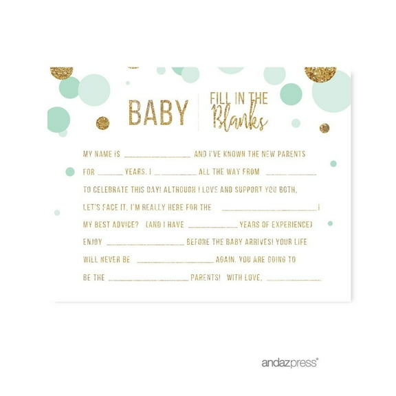 Baby Fill in the Blanks  Mint Green Gold Glitter Baby Shower Games, 20-Pack
