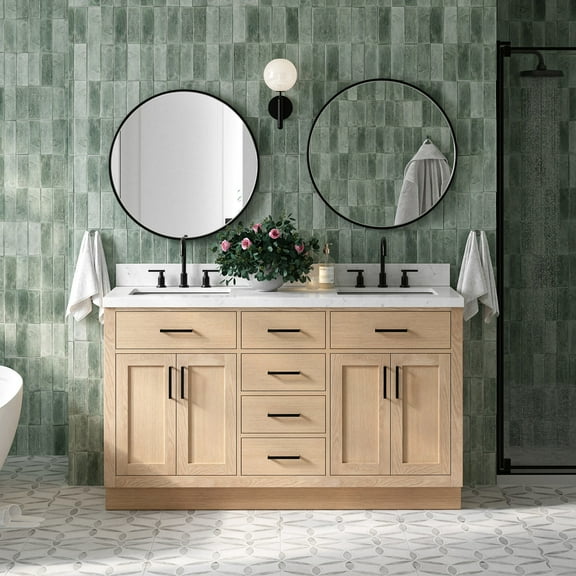 ARIEL Hepburn 60" Inch Oak Double Bathroom Vanity with Sink, Carrara White Quartz Countertop 1.5 inch Edge and backsplash, Soft Closing Door and Drawer, Matte Black