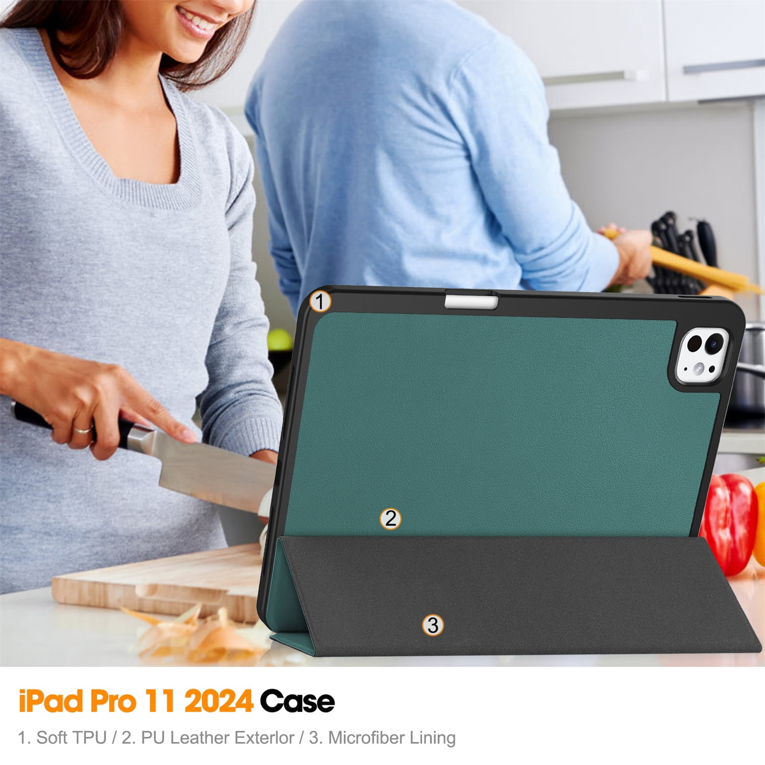SaniMore for Apple iPad Pro 13 (2024) Case, Auto Sleep/Wake, PU Leather Case with Tri-Fold Kickstand & Pencil Holder Shockproof Protective Cover for Women Men, Darkgreen