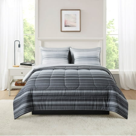 mainstays 7 piece reversible bed in a bag comforter set with sheets  grey stripe  king