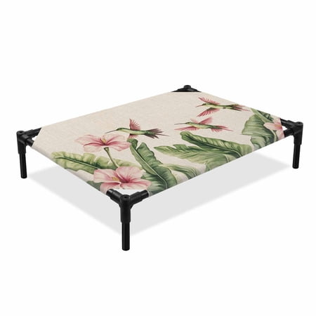Summer Plants Elevated Dog Bed Green Bird Pink Flower Linen Texture Cooling Breathable Outdoor Raised Dog Cot Bed with Metal Frame Non-Slip Feet for Large Dog 28x22in