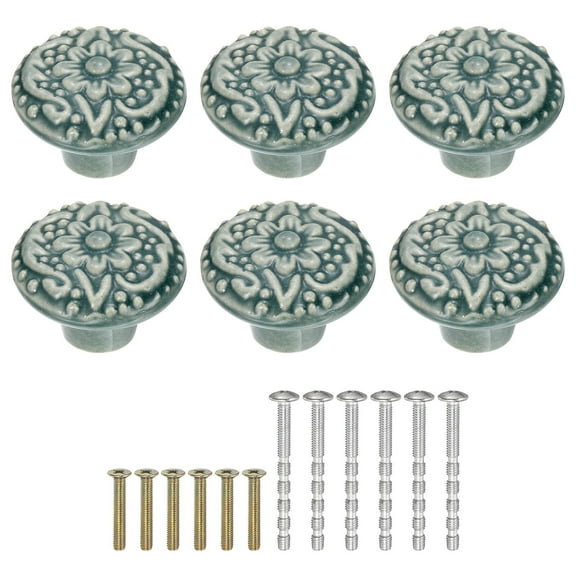 Uxcell 6 Pack Ceramic Knobs, 34mm/1.34" Flower Pattern Mushroom Knob Drawer Pull Handle Vintage Wardrobe Knobs with Screws for Vanity Bedroom Furniture Closet, Green