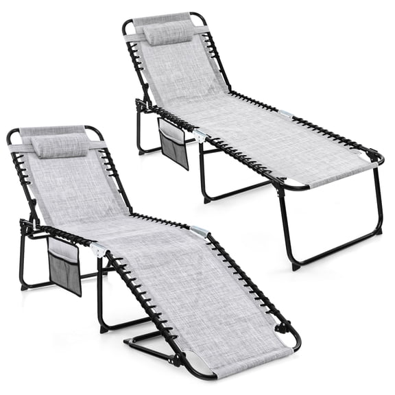 Topbuy 2Pc Patio Folding Chaise Lounge Chair Portable Sun Lounger with Adjustable Backrest & Detachable Pillow Gray