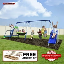 Sportspower Mountain View Metal Swing Set with Glide Ride, Saucer, Trampoline, Lifetime Warranty on Slide, & Bonus Anchor Kit, for Kids Aged 3-8