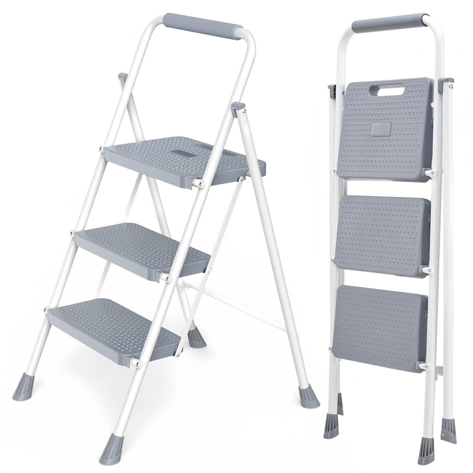 Kelno 3 Step Ladder 800Lbs Capacity Folding Step Stool with Anti Slip Pedals Safety Handrail, Gray White
