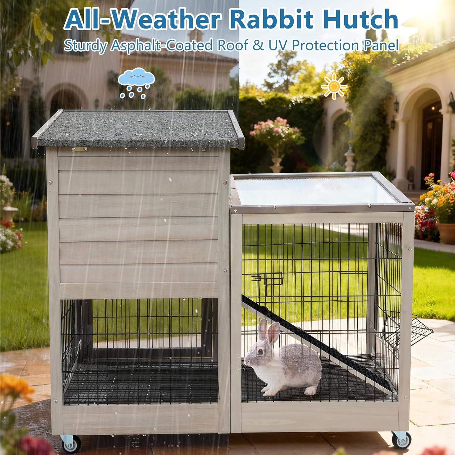 Rabbit Hutch Indoor Bunny Cage Outdoor with Urine Guards 2 Storey Mobile Guinea Pig Cage