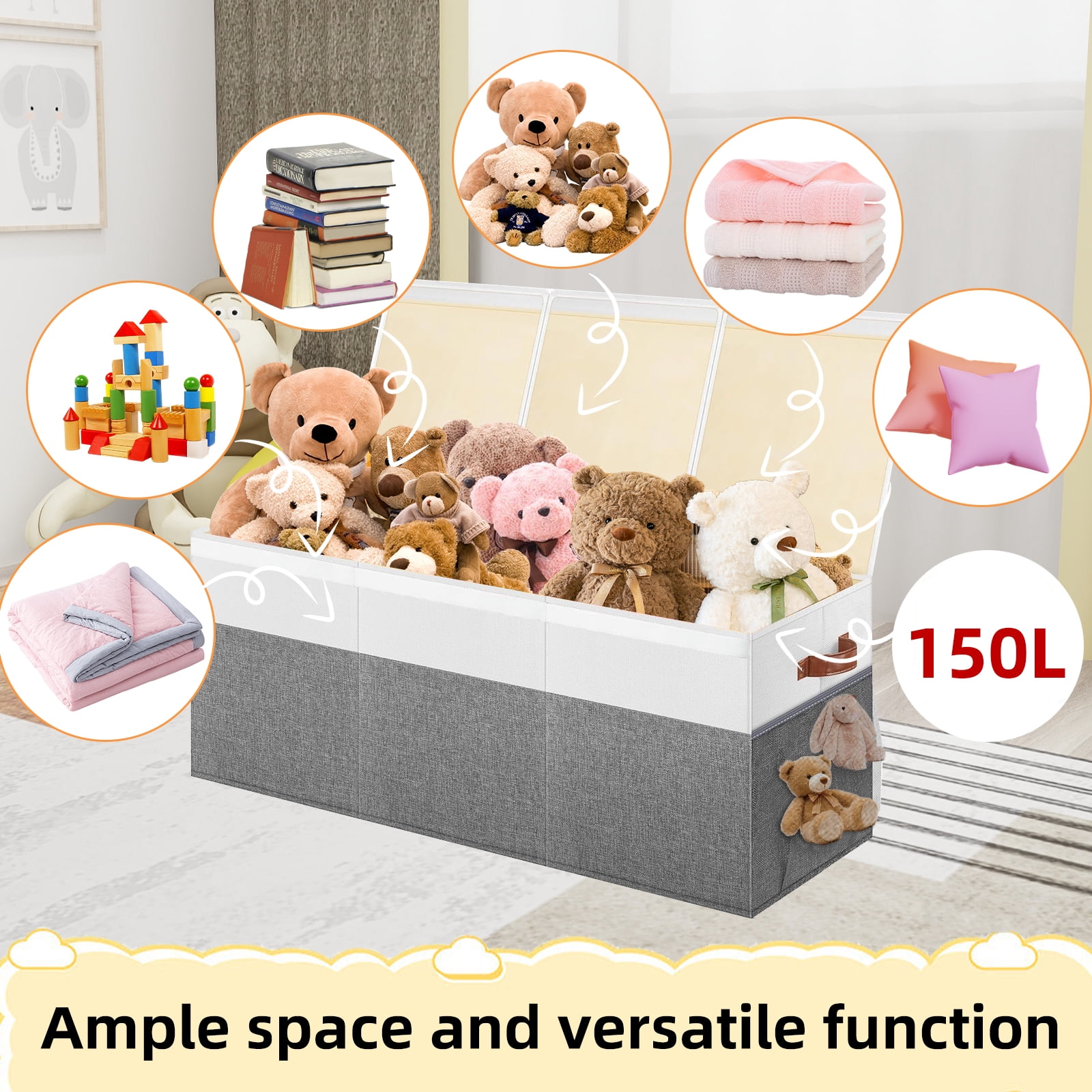 DQQKMM  Toy Boxes for Kids, 150L  Large Collapsible Storage Bins for Toys,Toy Chests & Organizers，Gray