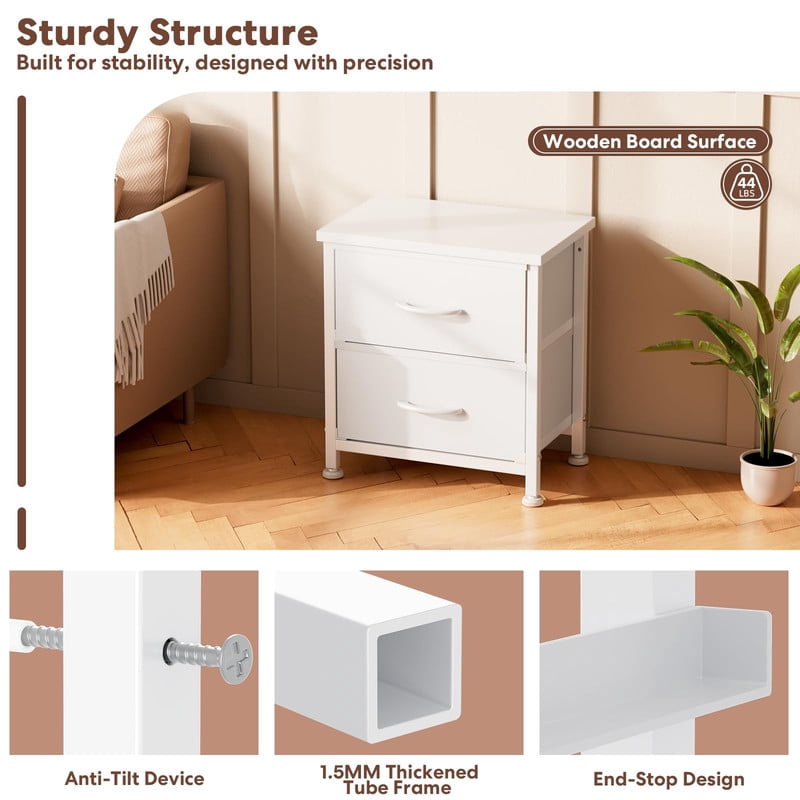 Simple Deluxe Nightstand 2 Drawers Dresser for Bedroom, 3-Tier Bedside Table with Fabric Bins, End Table for Living Room, wood top Load-bearing up to 44 lb, White