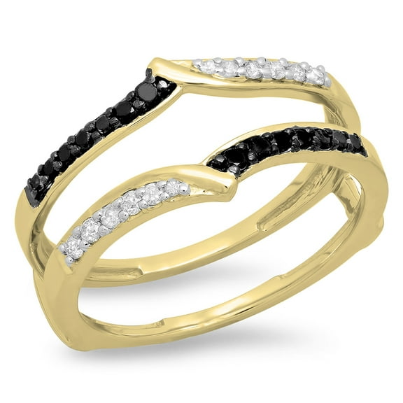 0.33 Carat (ctw) 18K Yellow Gold Round Black & White Diamond Ladies Anniversary Wedding Enhancer Guard Double Ring 1/3 C
