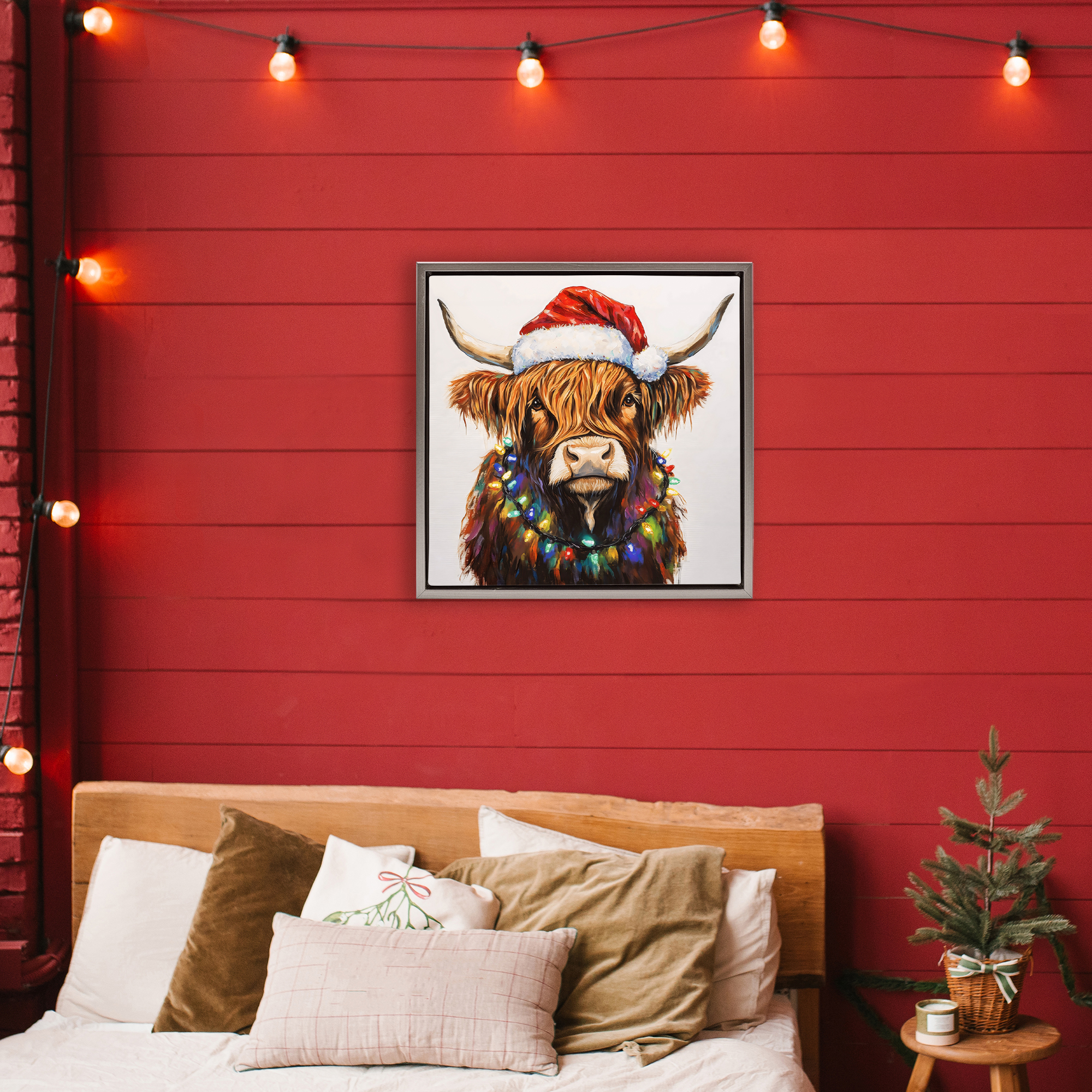 Holiday Lights Bedecked Highland Gray Framed Floater Canvas Wall Art, design by Petal Prints Design