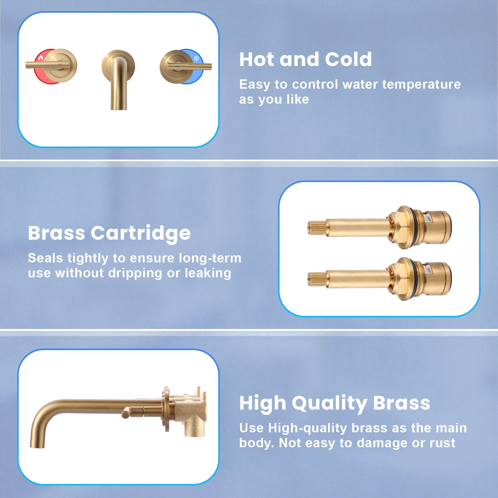 Double Handle Wall Mounted Bathroom Faucet with Rough-in Valve Included in Solid Brass Gold