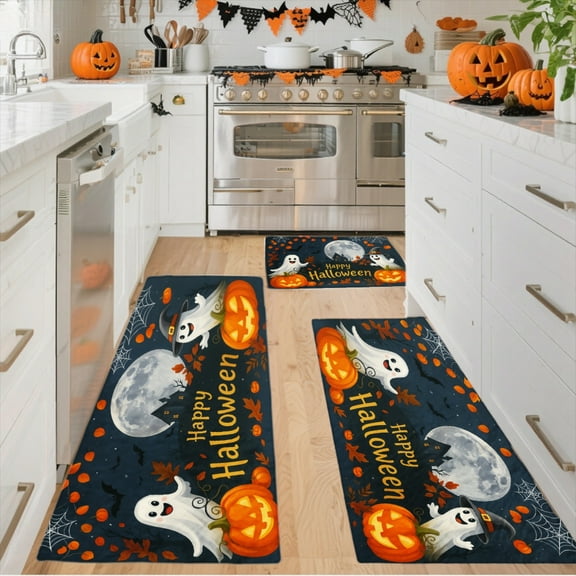 3PCS Door Mat, Halloween Welcome Door Rug, Kitchen Flannel Mat, Home Decor for Front Door,Kitchen, Bathroom, Happy Halloween Ghosts , Great Halloween Thanksgiving Day Gift for Family and Friends.