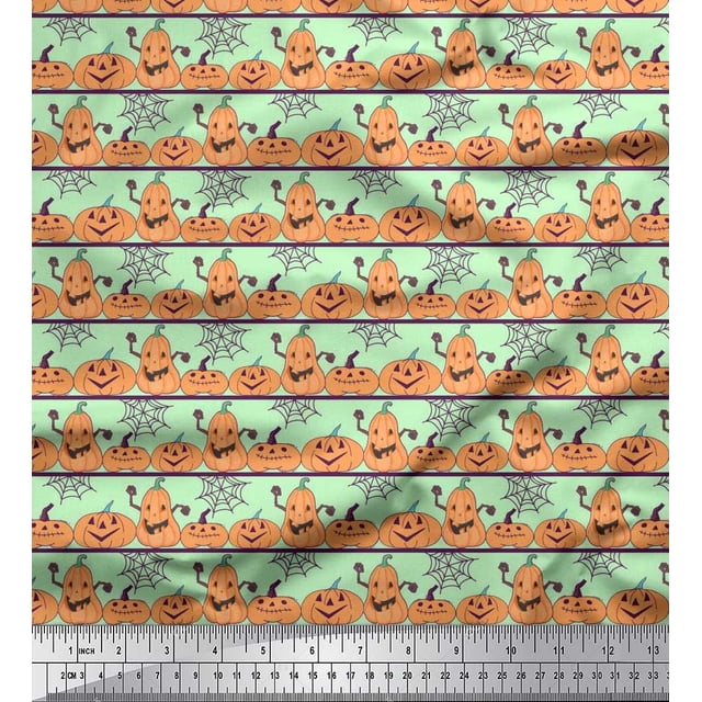 Soimoi Polyester Crepe Fabric Spider Web & Pumpkin Halloween Print Fabric by The Yard 42 Inch Wide