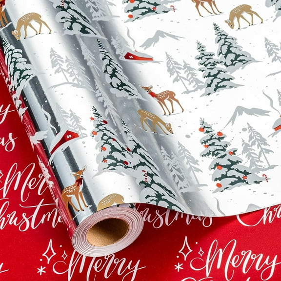 DFA Reversible Wrapping Paper Roll - 17 Inch X 32.8 Feet - Silver with Deer and Trees, Red Merry Christmas, Metallic Foil Design for Christmas, Holiday, Party, Celebration
