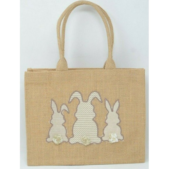 Three Bunny Embroidered Jute Tote Bag