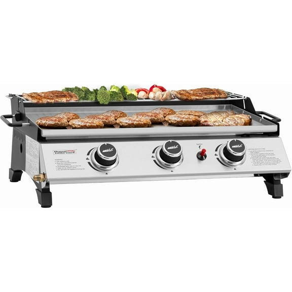 3-Burner Propane Gas Grill Griddle, 24-Inch Stainless Steel Tabletop Griddle with Warming Rack, Two Handle, Ideal for Outdoor Cooking, 25,500 BTU, Silver, PD1303S-SC